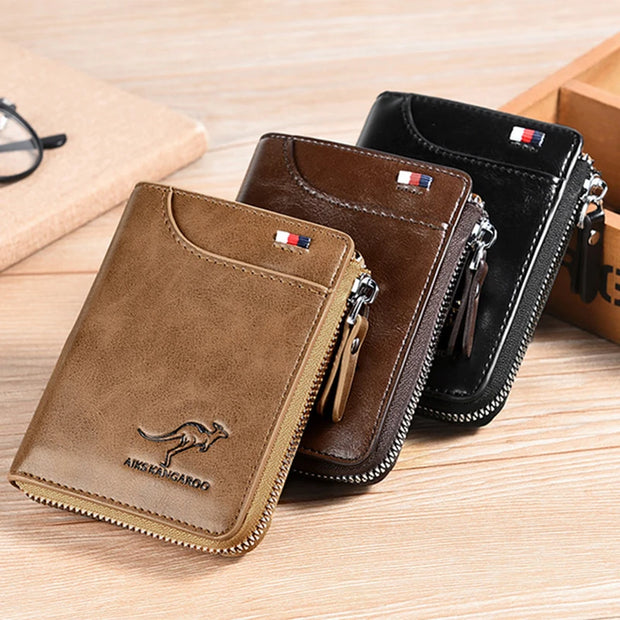 Men's Leather Wallet - RFID Protected Zipper Business Card Holder